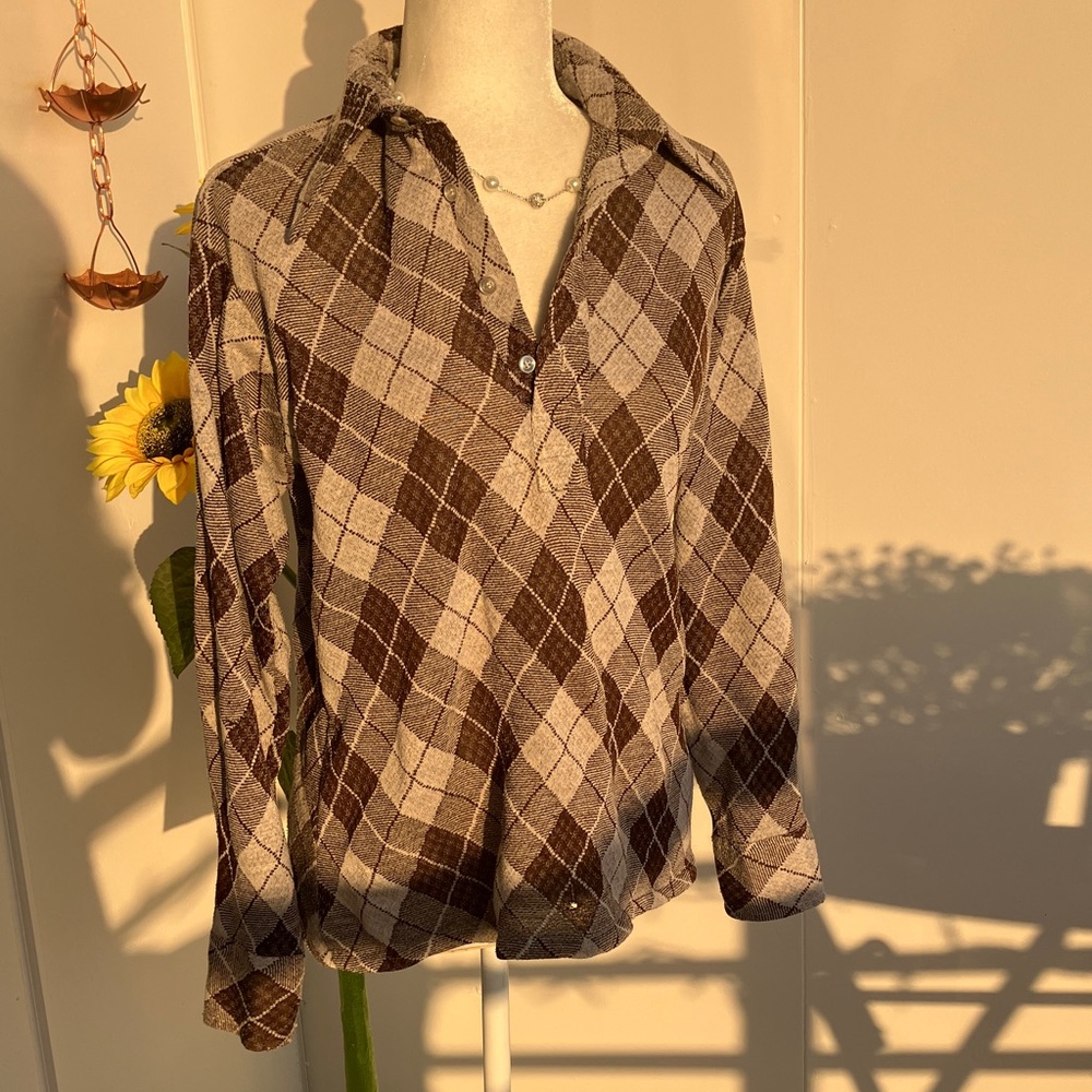 Vintage 60s 70s Preppy Brown Argyle Dagger Collar Button Down Long Sleeve Shirt - Picture 2 of 10